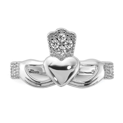 Sterling Silver Rhodium-plated CZ Claddagh Ring Size 8
