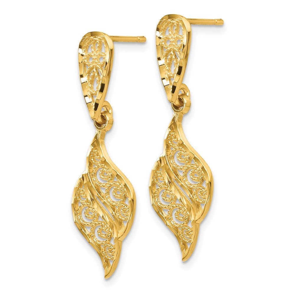 14k Yellow Gold Polished & Diamond-Cut Filigree Swirl Dangle Earrings