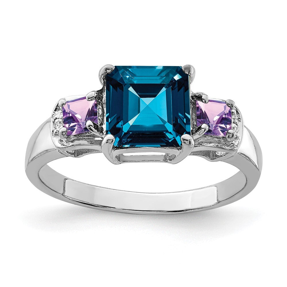 Sterling Silver Rhodium London Blue Topaz, Amethyst & Diamond Ring Size 10