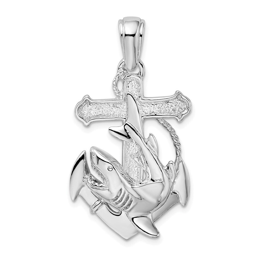 Sterling Silver Rhodium-Plated Polished Anchor with Shark Pendant