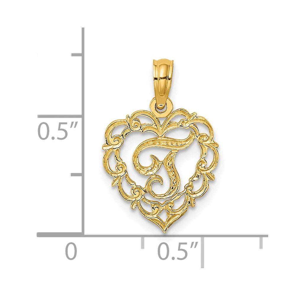 14k Yellow Gold Heart Script Letter T Initial Charm