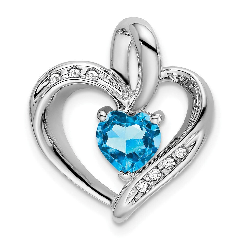 14k White Gold Blue Topaz and Diamond Heart Pendant for Women