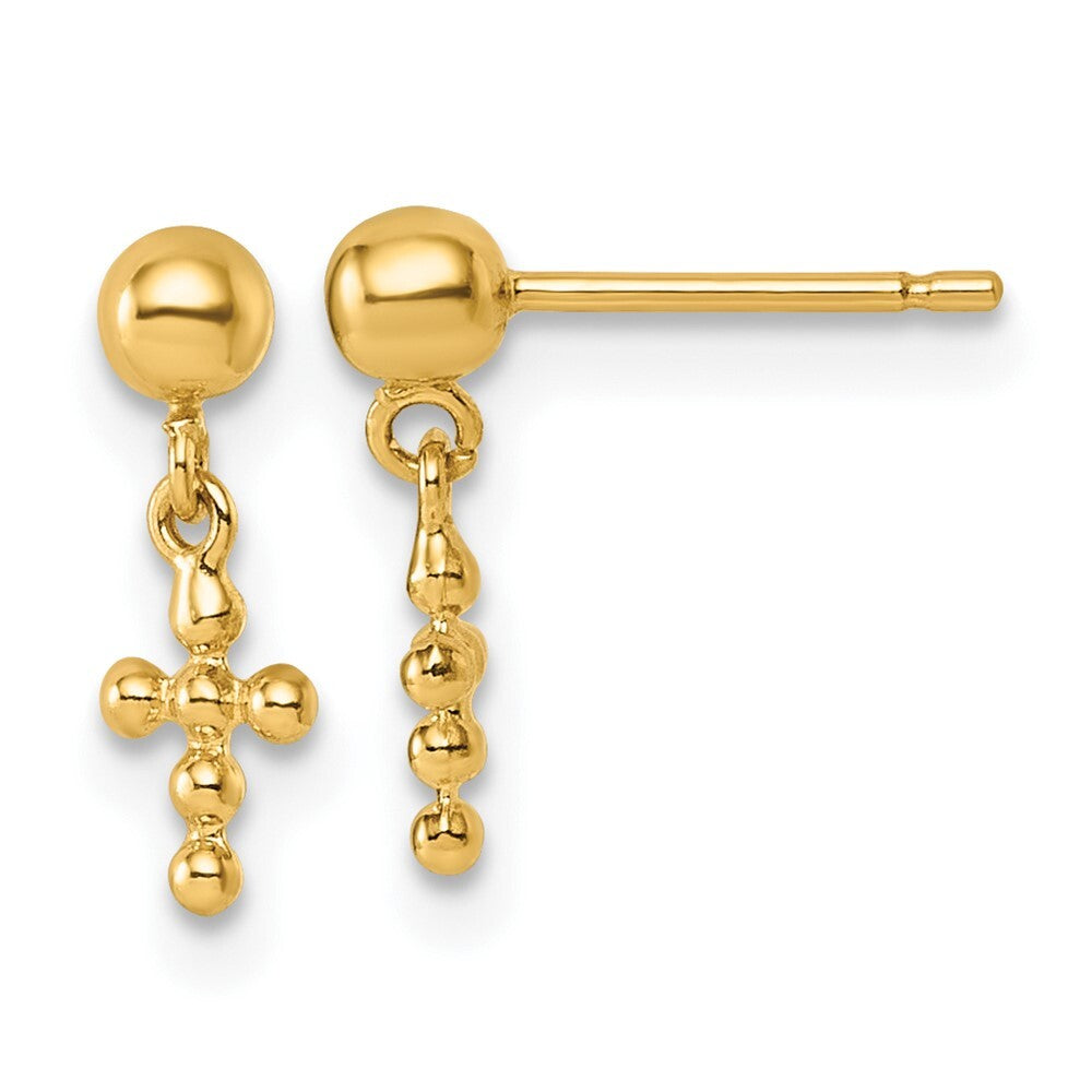 14k Yellow Gold Polished Beaded Cross Dangle Earrings Gift for Women