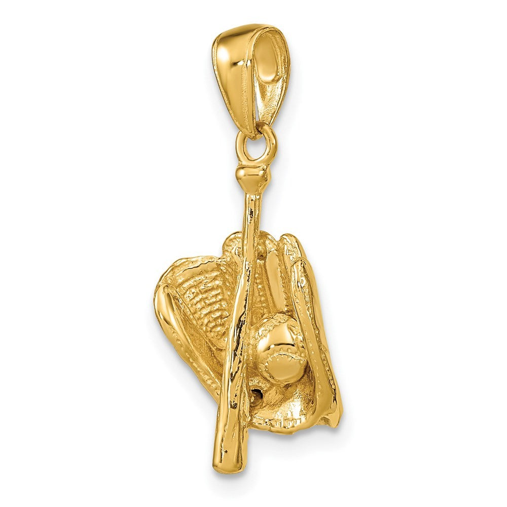 14k Yellow Gold Polished 3-D Glove/Bat/Baseball Pendant
