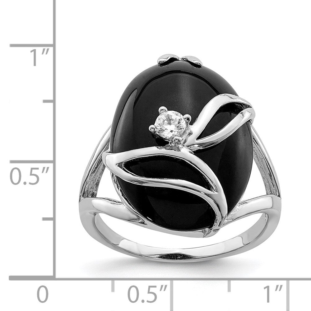 Sterling Silver Rhodium-plated Onyx and Cubic Zirconia Ring Size 7