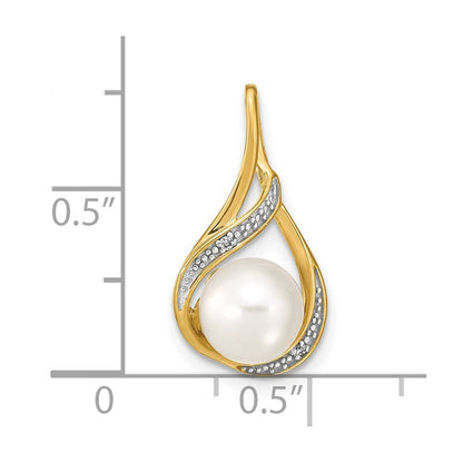 14k Yellow Gold 7-8mm White Round FW Cultured Pearl and Diamond Pendant
