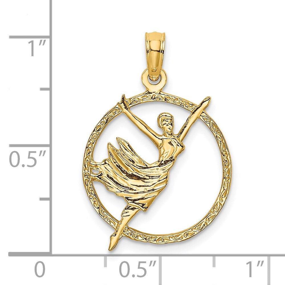 14k Yellow Gold Dancer in Circle Frame Charm Pendant for Women