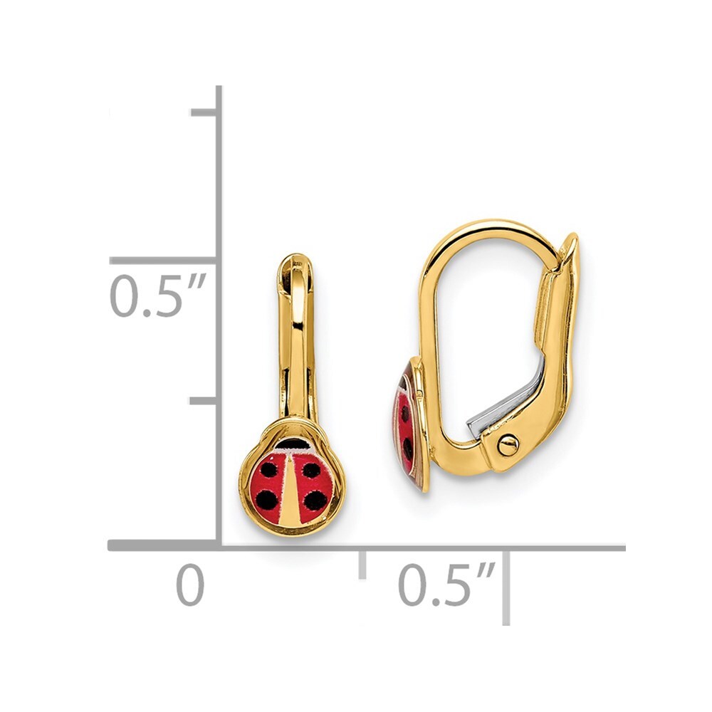 14k Yellow Gold Children's Enamel Ladybug Dangle Earrings Leverback