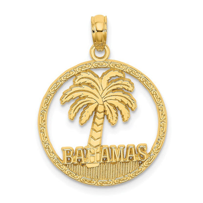 14k Yellow Gold BAHAMAS Palm Tree Round Charm Pendant for Women