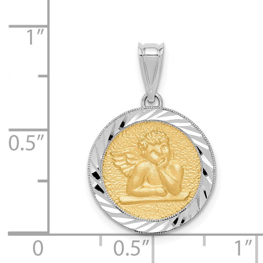 14k Two-tone Gold Polished & Diamond-cut Bezel Angel Pendant for Women