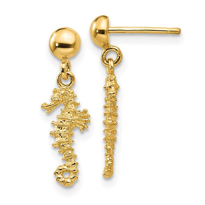 14k Yellow Gold 3-D Mini Seahorse Dangle Earrings Gift for Women