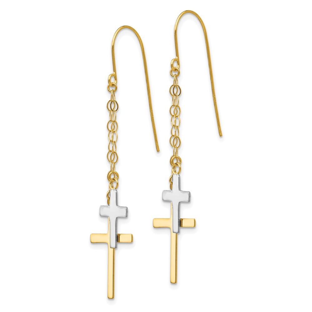 14K Two-tone Chain Dangle Cross Drop Dangle Earrings w/ Shepherd Hook