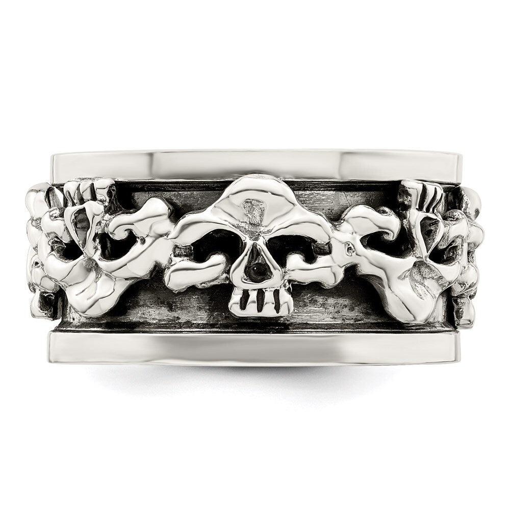 Sterling Silver Polished Spinning Center Antiqued Skull Ring Size 11