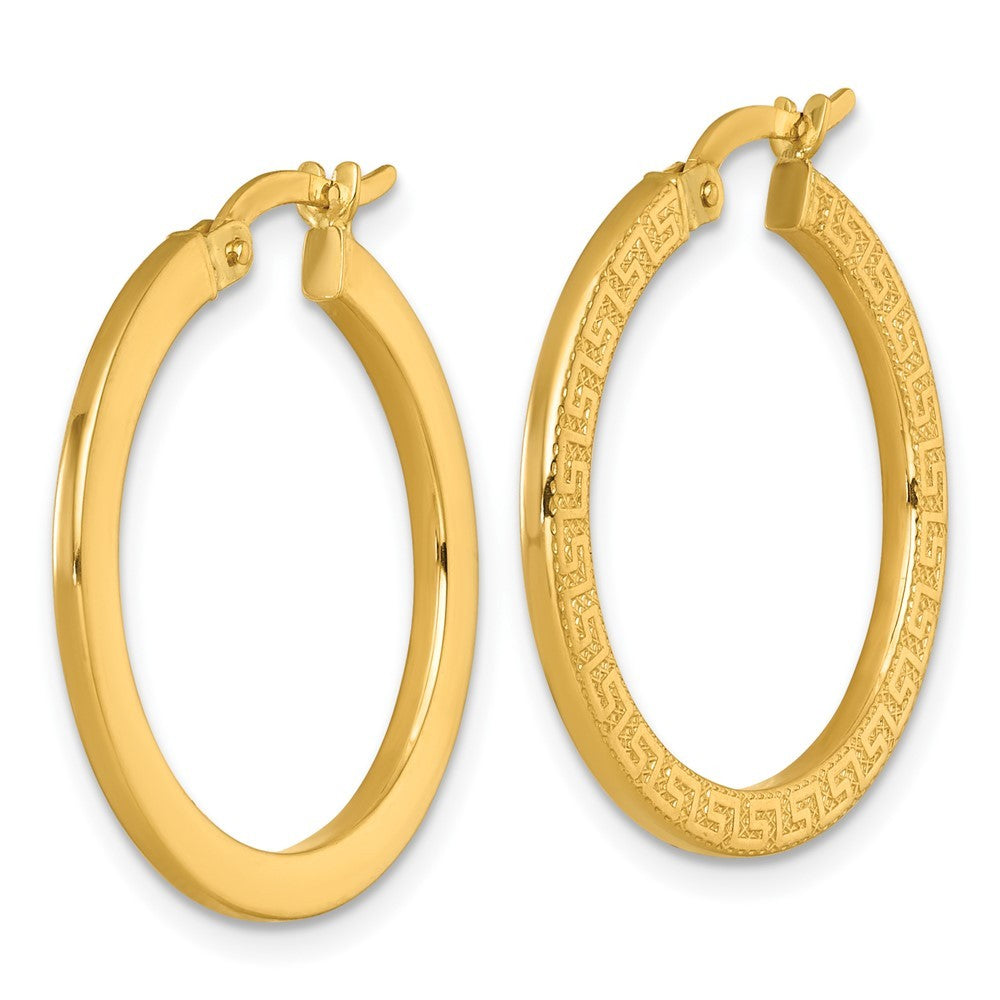 14k Yellow Gold Polished 1.5 x 24mm Textured Greek Key Hoop Earrings