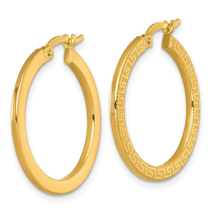 14k Yellow Gold Polished 1.5 x 24mm Textured Greek Key Hoop Earrings