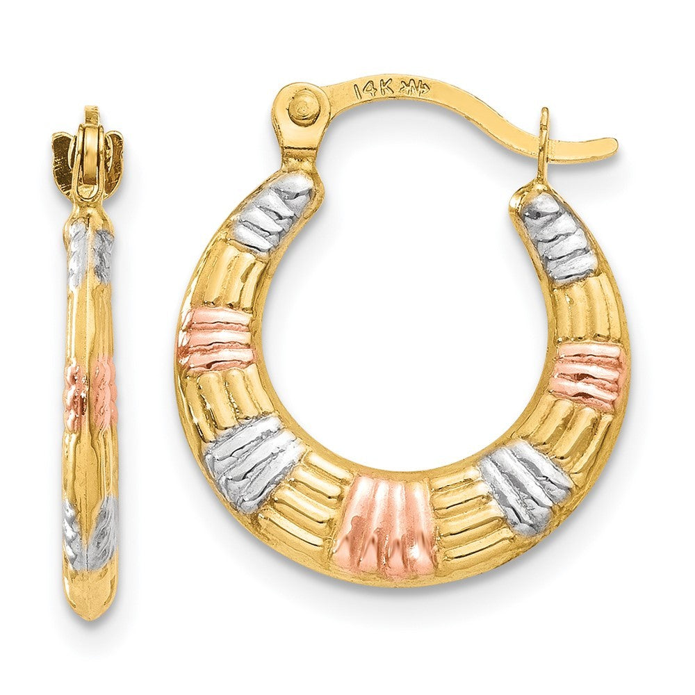 14k Yellow Gold & White and Rose Rhodium Hollow Textured Hoop Earrings