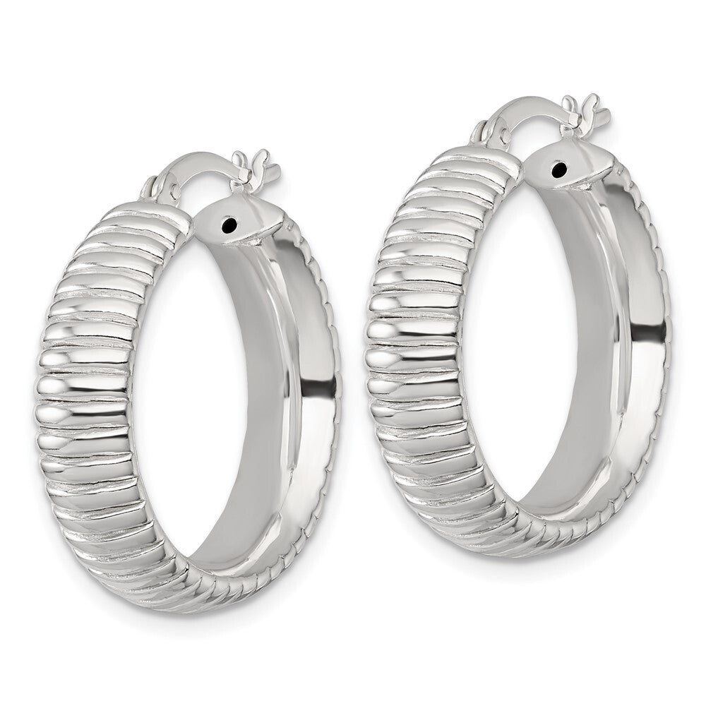 Sterling Silver Polished and Grooved 26x7mm Round Hollow Hoop Earrings