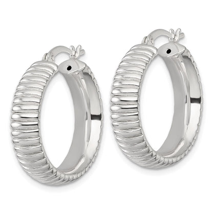 Sterling Silver Polished and Grooved 26x7mm Round Hollow Hoop Earrings