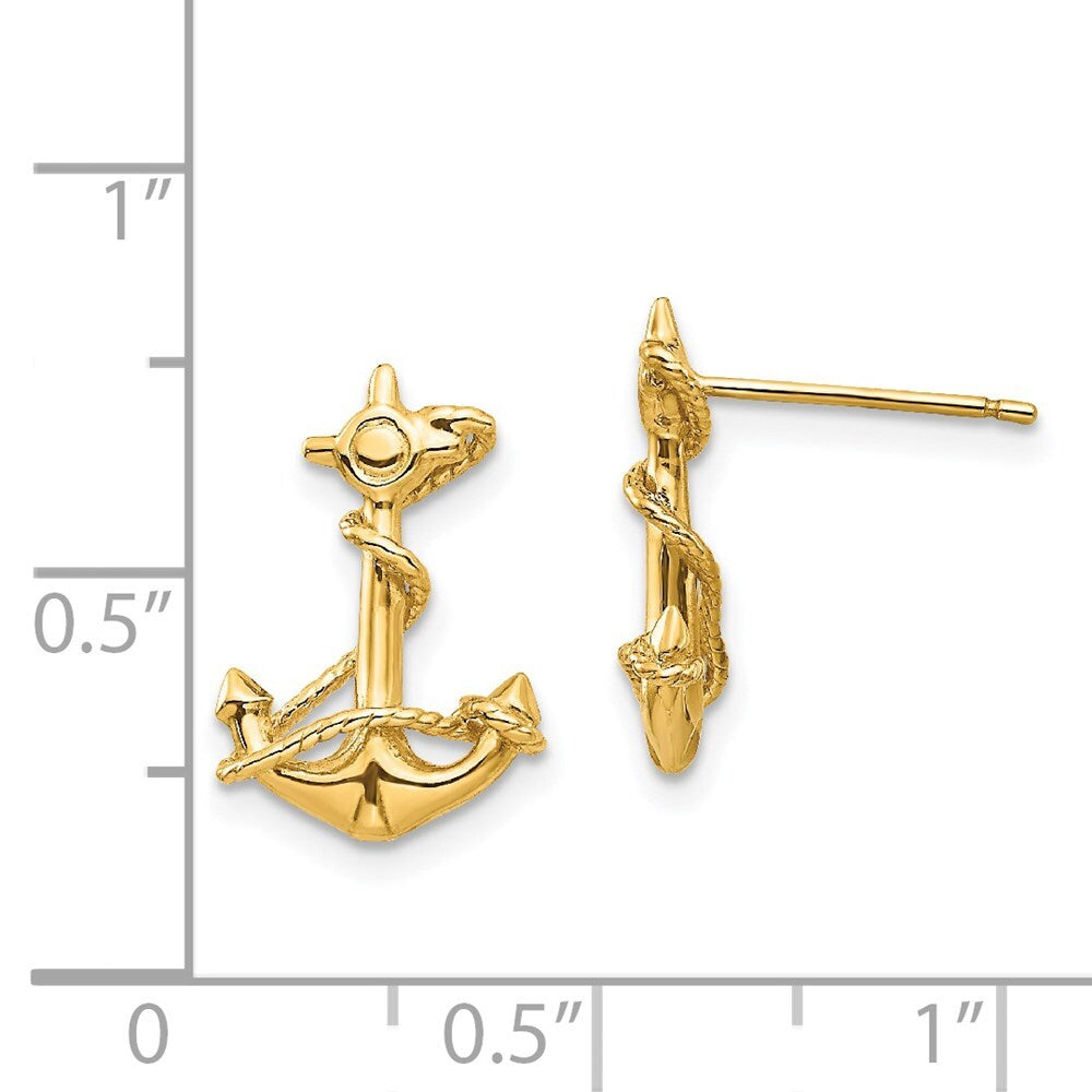 14k Yellow Gold 3-D Anchor with Rope Stud Earrings Gift for Women