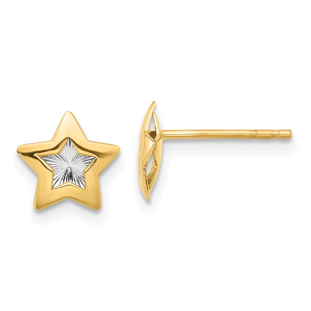14k Yellow Gold with Rhodium Polished and Textured Star Stud Earrings
