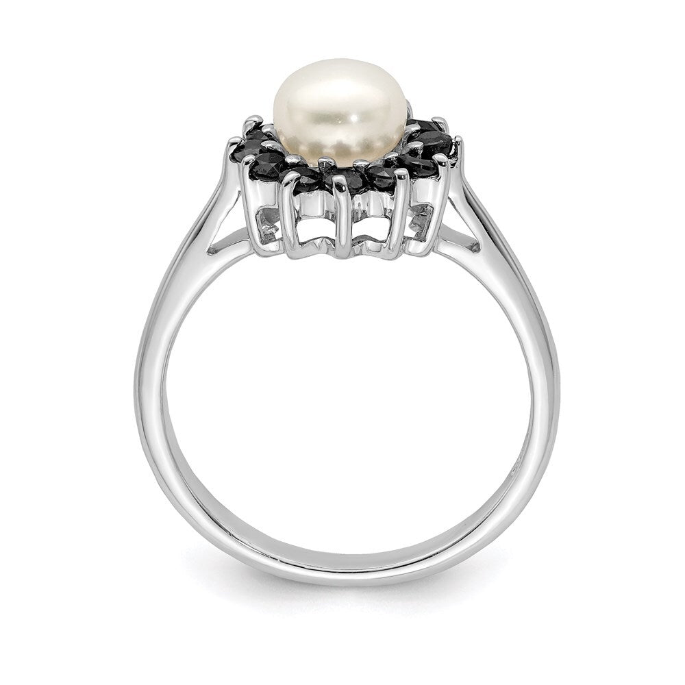 Sterling Silver Rhodium 6mm FW Cultured Button Pearl & Sapphire Ring Size 7