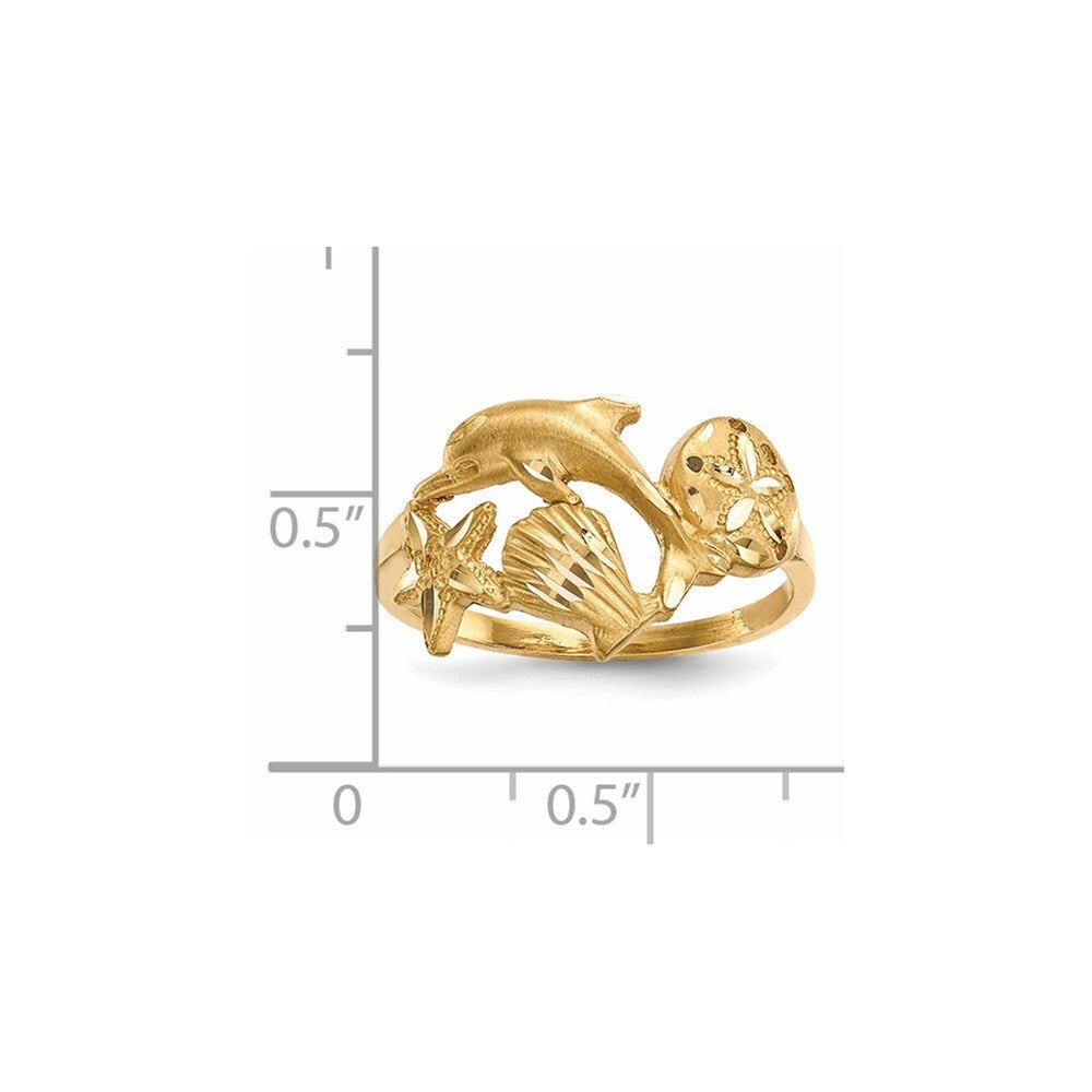 14K Yellow Gold Satin Diamond-cut Dolphin Starfish Shell Sand Dollar Ring Size 7
