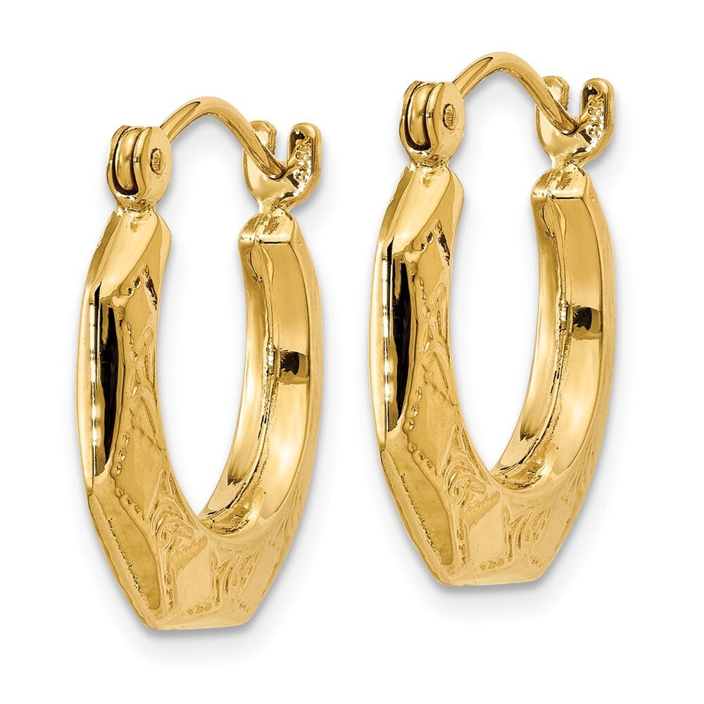 14k Yellow Gold Polished Patterned Hoop Earrings Gift for Women