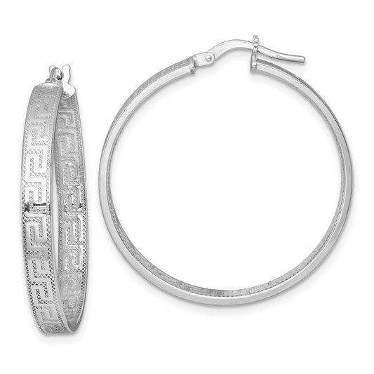 Sterling Silver RH-plated Polished Textured Greek Key Hoop Earrings