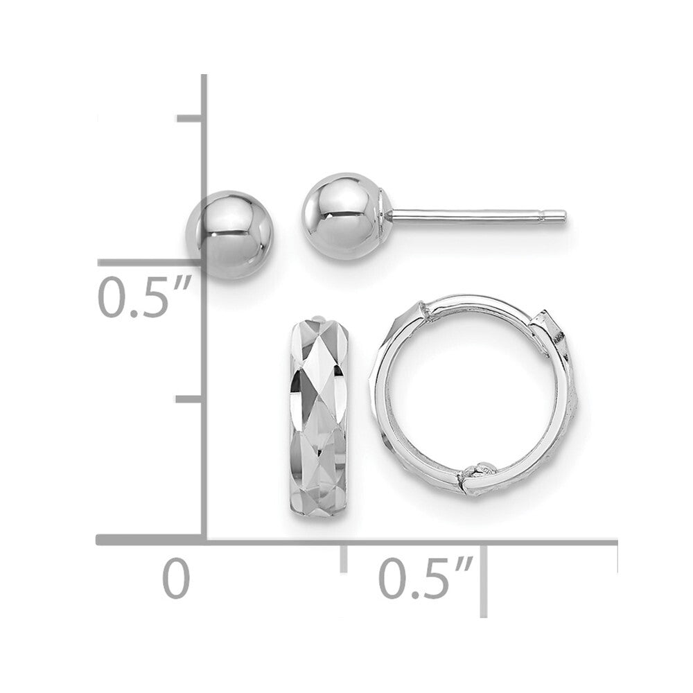 14K White Gold Polished 4mm Ball and Diamond-Cut Hinged Hoop Earring Set