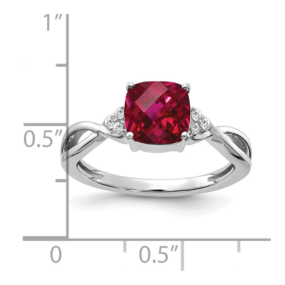 14K White Gold Checkerboard Created Ruby and Diamond Ring Size 7