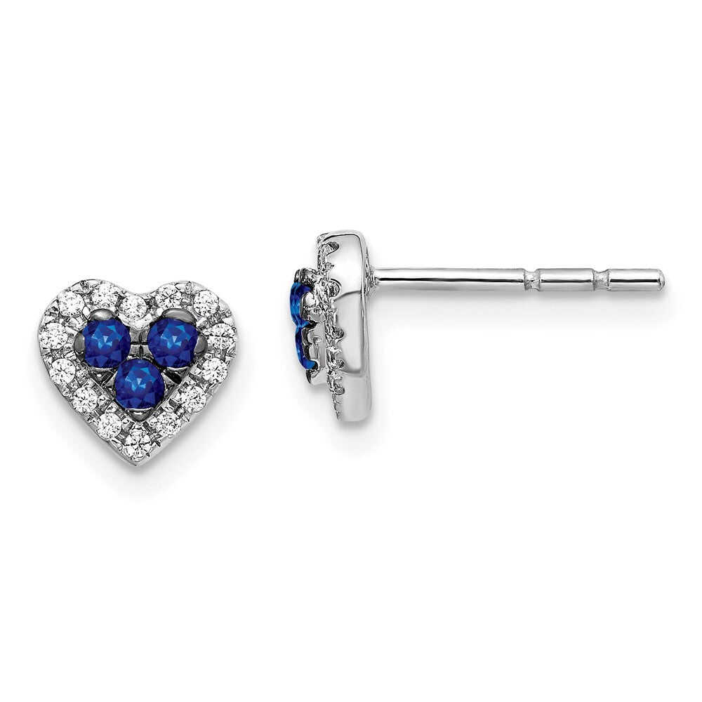 14k White Gold Diamond and Sapphire Heart Stud Earrings