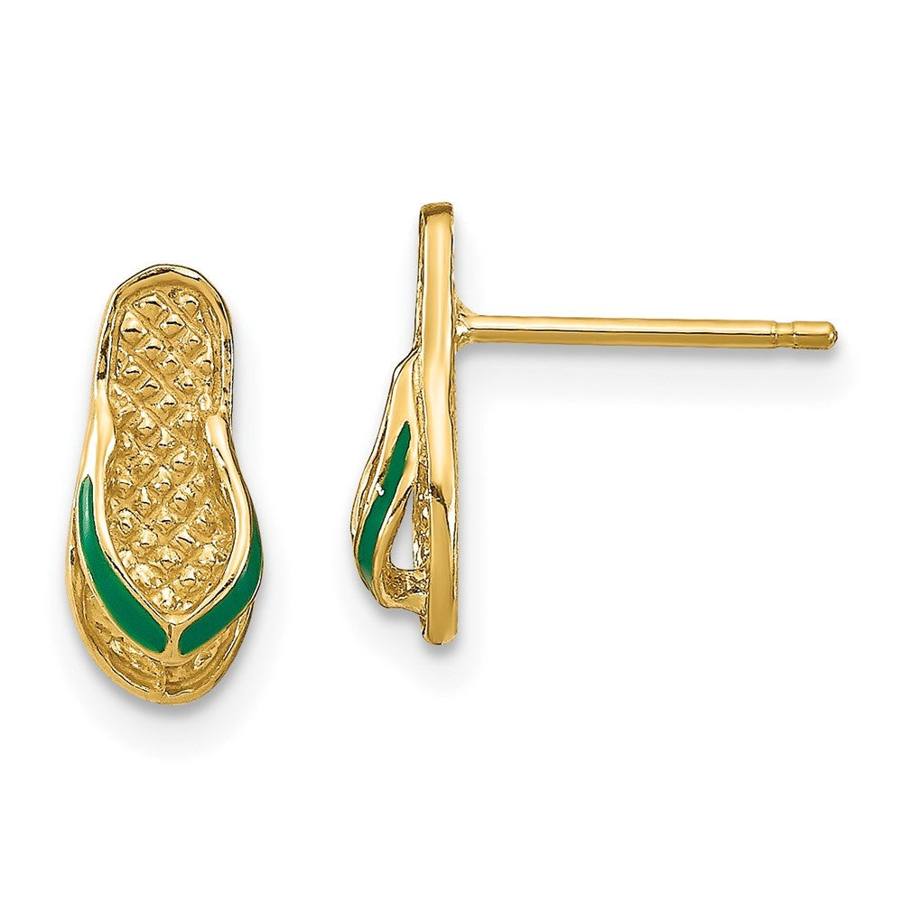 14k Yellow Gold  3D W/ Green Enamel Flip-Flop Earrings