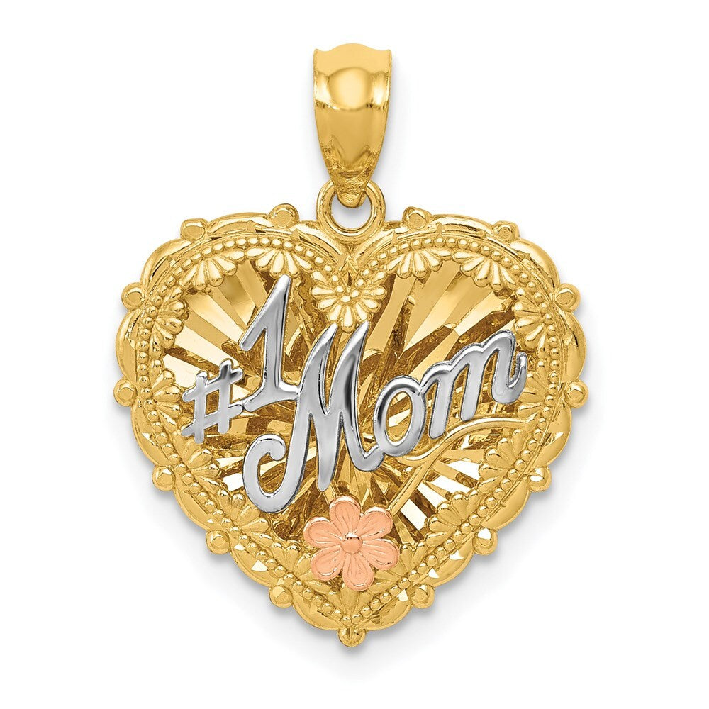 14k Tri-Color Gold Tri-color Polished #1 MOM Shadowbox Pendant for Women