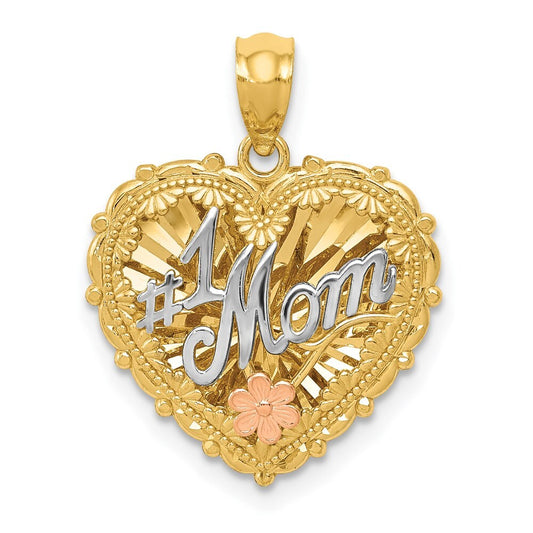 14k Tri-Color Gold Tri-color Polished #1 MOM Shadowbox Pendant for Women