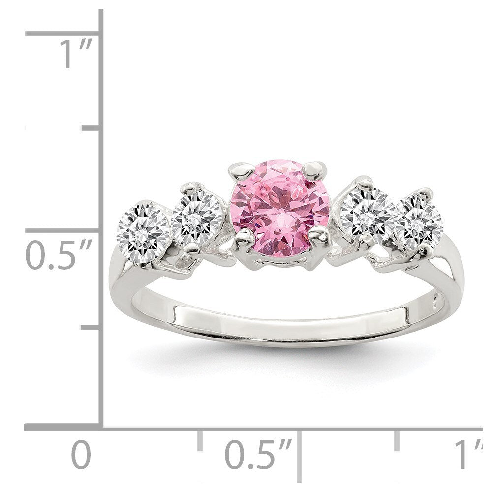 Sterling Silver Pink Round Cubic Zirconia w/Side Stones Ring Size 6