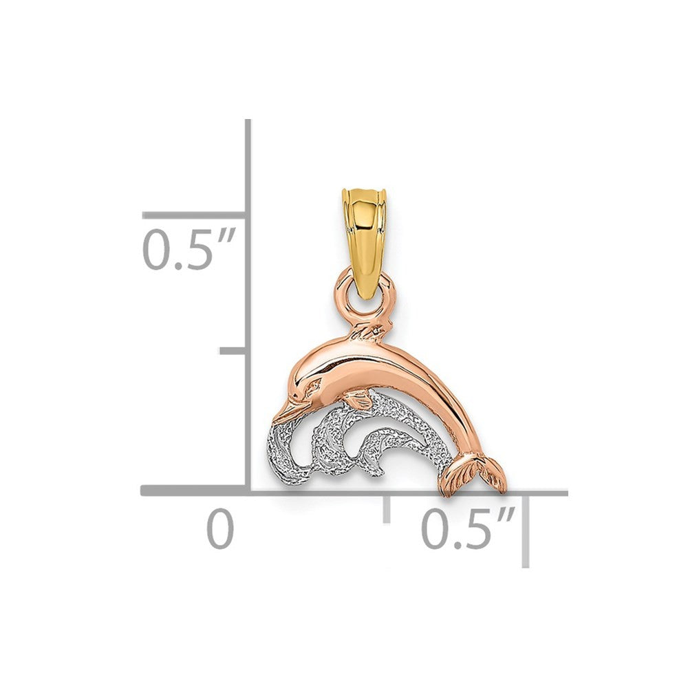 14K Two-Tone W/White Rhodium Dolphin and Wave Charm