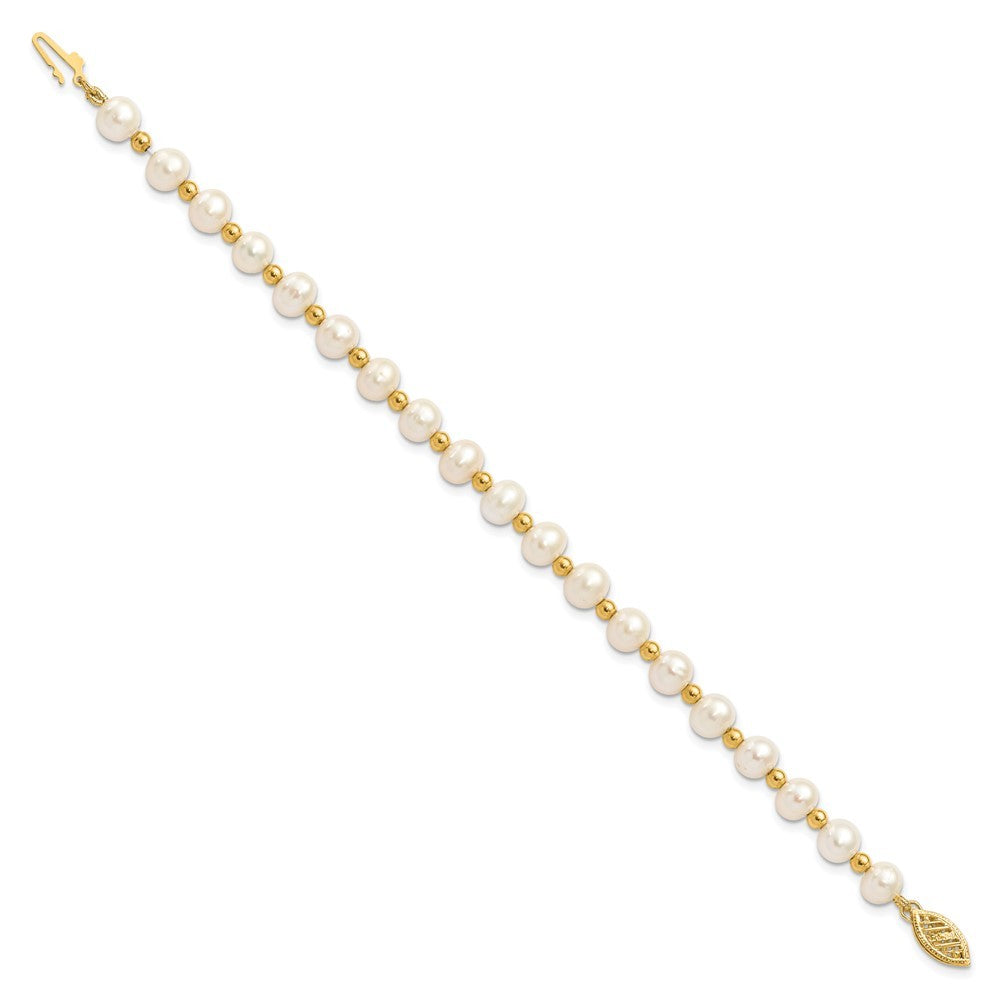 14k Yellow Gold 6-7mm Near-Round Freshwater Cultured Pearl Beaded 7" Bracelet