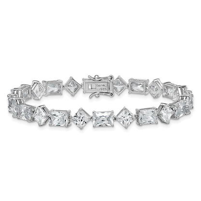 Sterling Silver Rhodium-plated  Fancy Princess and Emerald-cut CZ 7.25" Bracelet