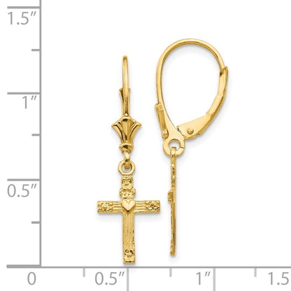 14k Yellow Gold Mini Cross with Heart Drop Dangle Earrings