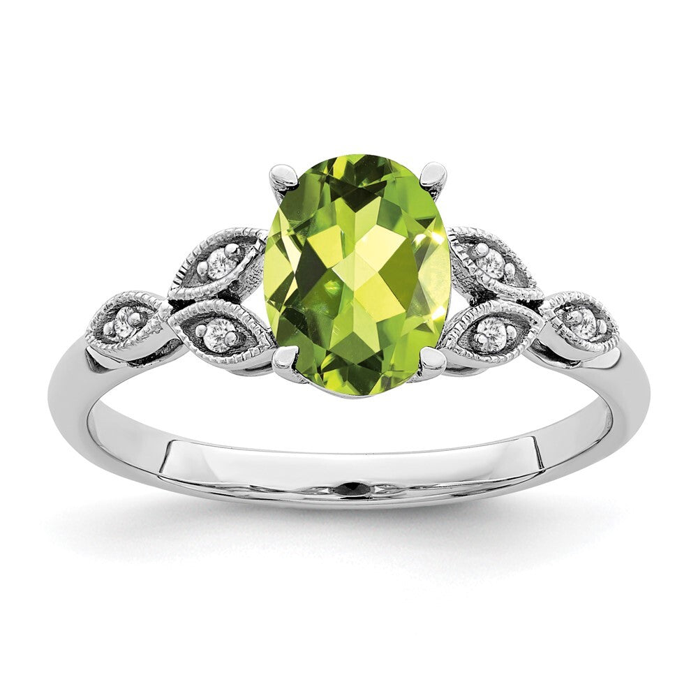 14k White Gold Oval Peridot and Diamond Ring Size 7