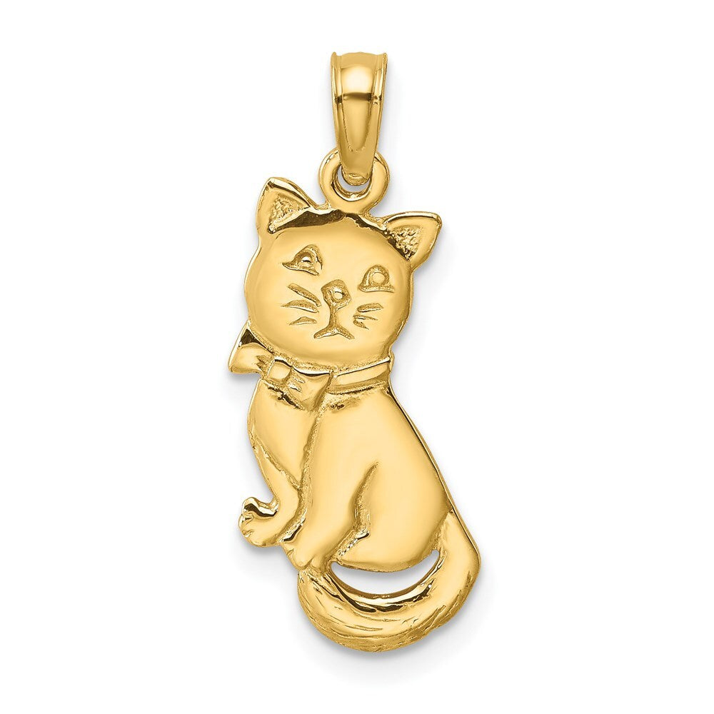 14k Yellow Gold 3-D Polished and Bow Sitting Cat Charm Pendant for Women