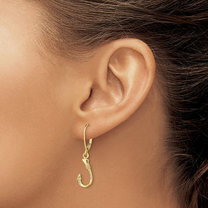 14k Yellow Gold 3-D Fish Hook Dangle Earrings Leverback Gift for Women