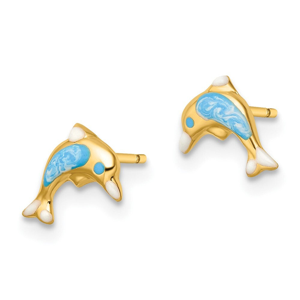14k Yellow Gold Polished Enameled Dolphin Stud Earrings Gift for Women