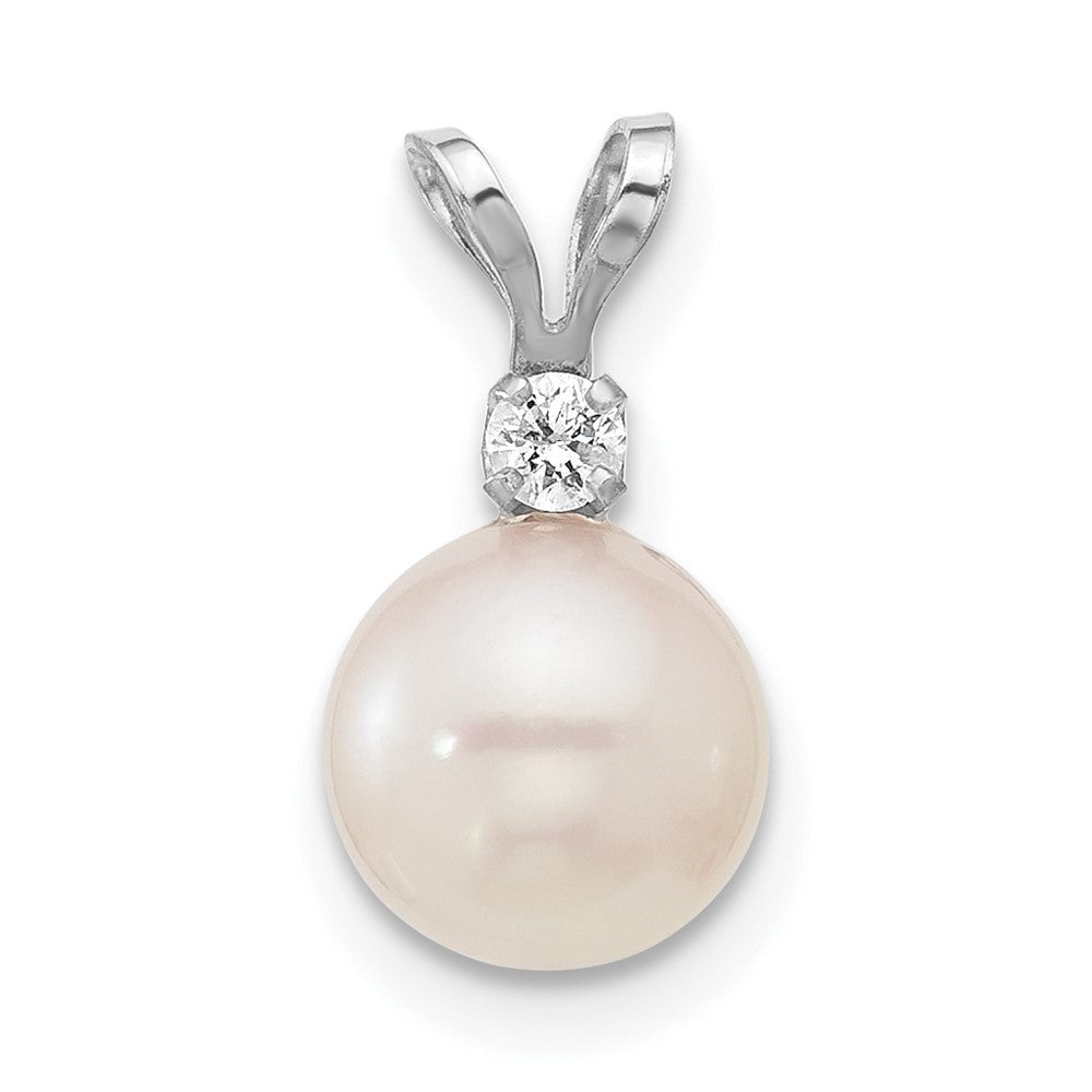 14k White Gold 7-8mm White Round Akoya Cultured Pearl &.05 Carat Diamond Pendant