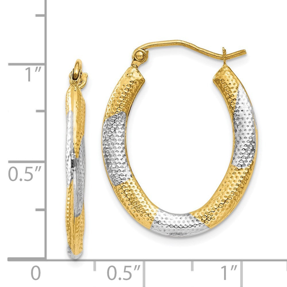 14k Yellow Gold & Rhodium Textured Hollow Oval Hoop Earrings