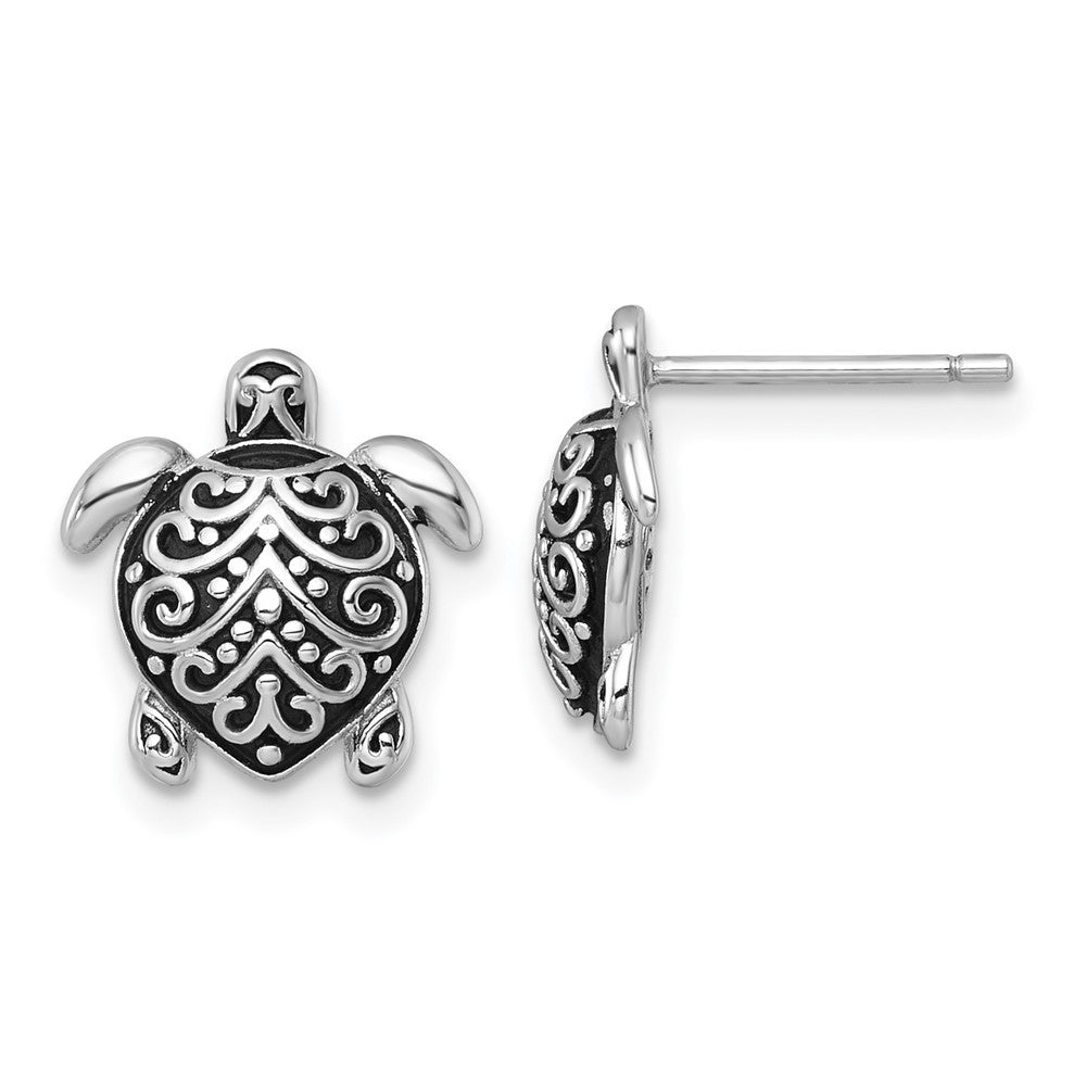 Sterling Silver Polished and Oxidized Filigree Hollow Turtle Earrings