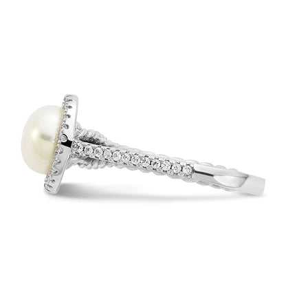 Sterling Silver 7-8mm Button White Freshwater Cultured Pearl and CZ Ring Size 6
