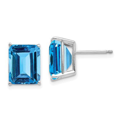14k White Gold 10x8mm Emerald Cut Blue Topaz Stud Earrings Gift for Women