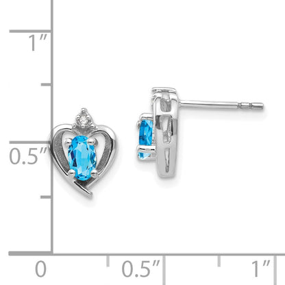 14k White Gold Blue Topaz and Diamond Heart Stud Earrings Gift for Women