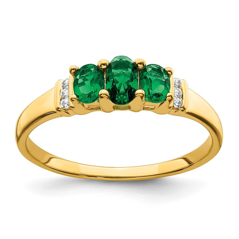 14K Yellow Gold Polished Triple Emerald and Diamond 3-stone Ring Size 7